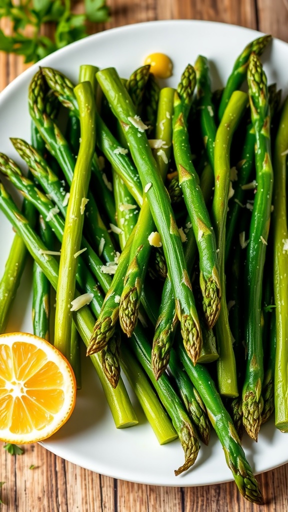 Sautéed asparagus with garlic butter, lemon, and parmesan on a white plate with lemon wedge.